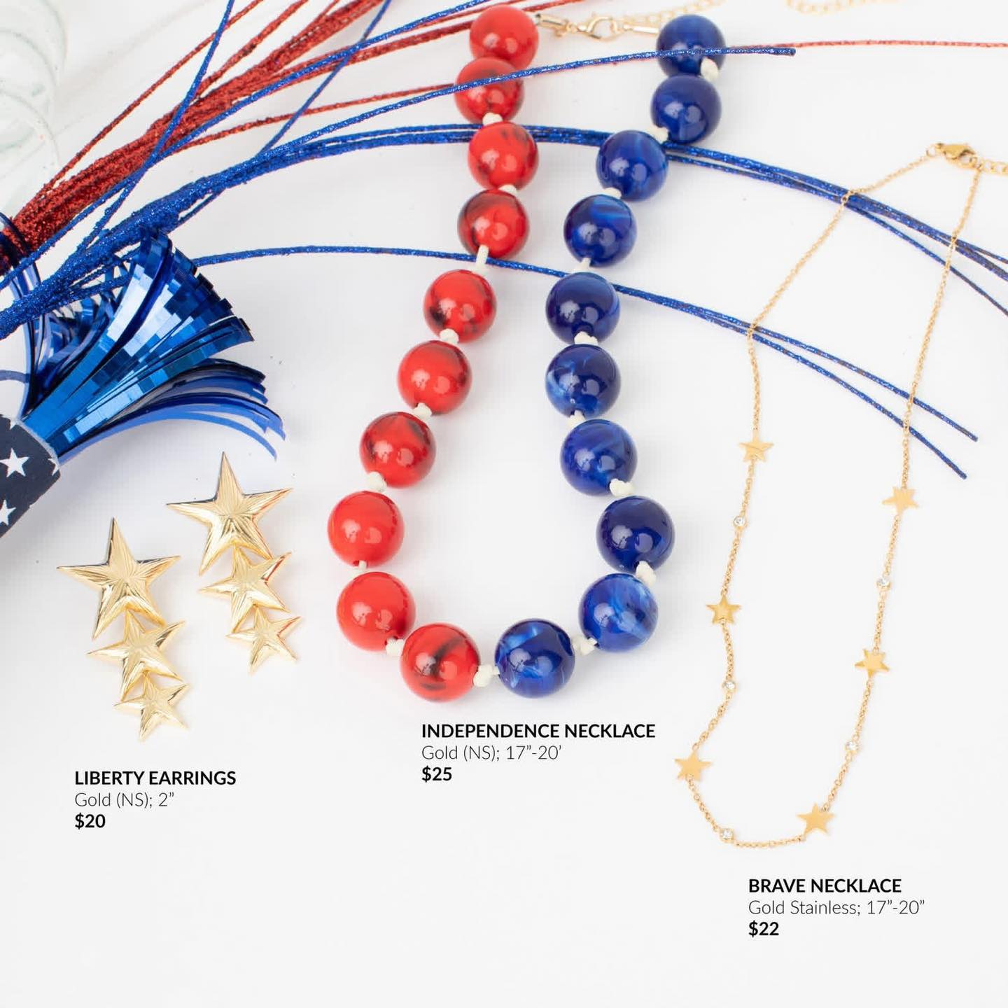4TH OF JULY JEWELRY DROP ❤️

Introducing the Liberty Earrings, Independence Necklace, and Brave Necklace — three festive pieces that are perfect for the season! 

These limited-time styles are available now and make a great addition to your jBloom pieces pictured here too. WHILE SUPPLIES LAST.