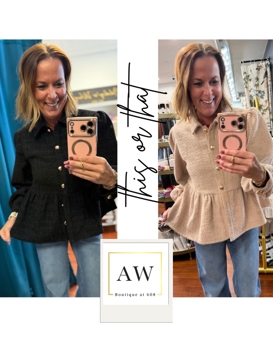 Quick stop in at @addysway608 to restock and had to try on these tweed peplum jackets 😍 Only a few left already!