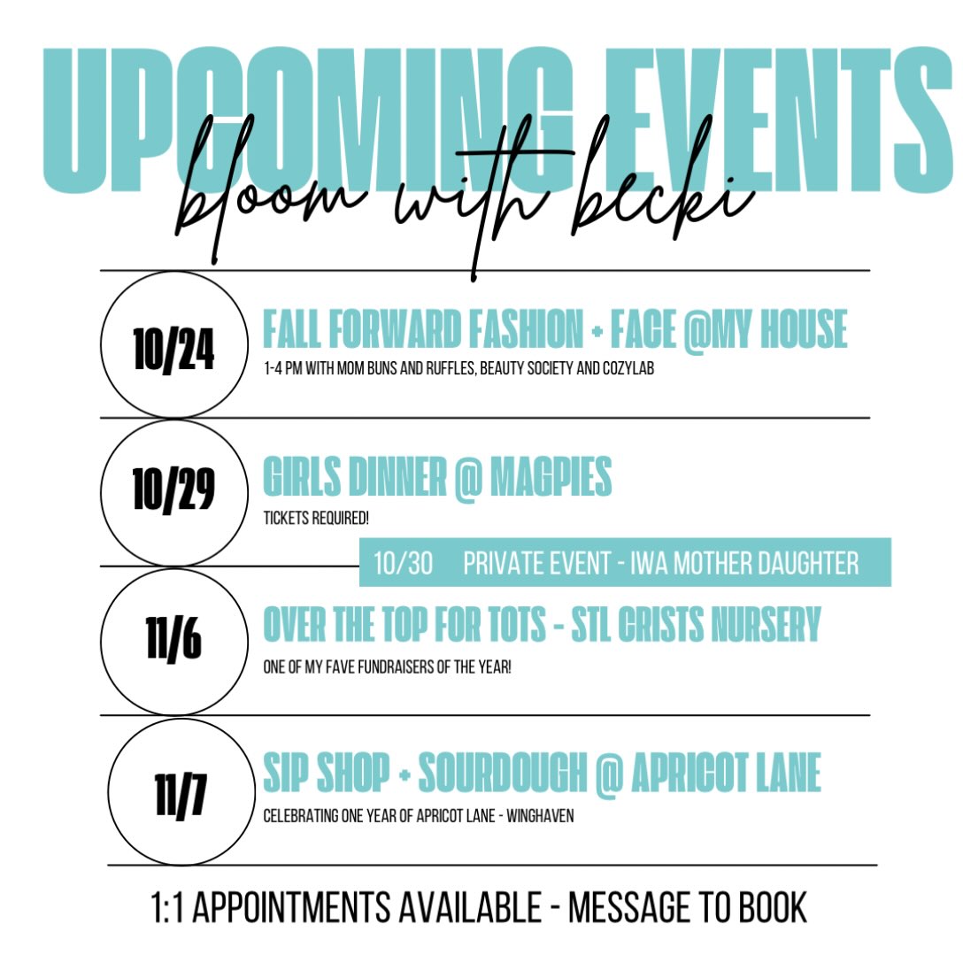 Where I’ll be coming up. Where will I see you next?!

@mombunsandruffles 
@amandaqbeauty 
@shopcozylab 
@magpiesonmain 
@iwaredknights 
@stlcrisisnursery 
@apricotlaneofallonmo